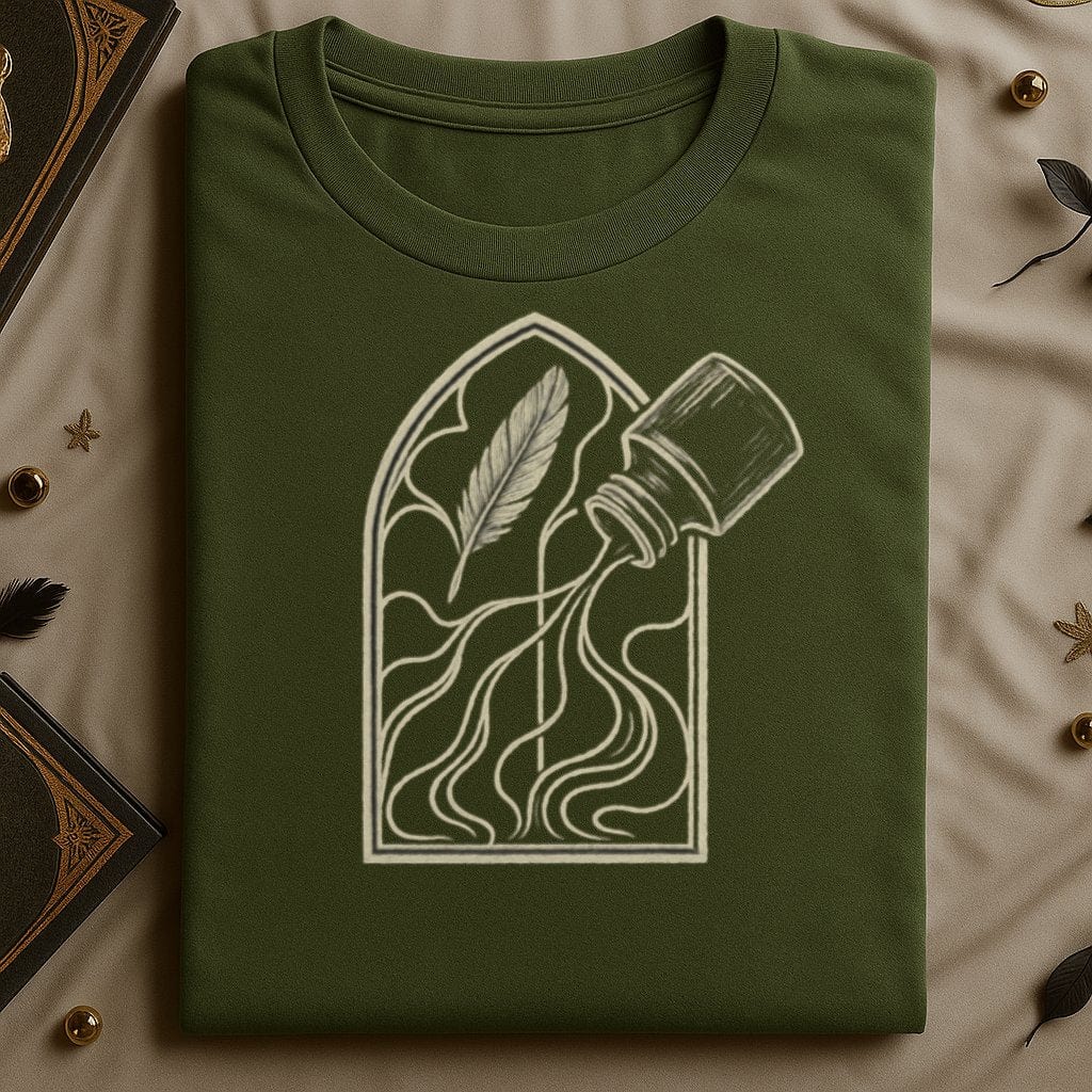 Enchanting Quill and Ink Artwork on Green Shirt product