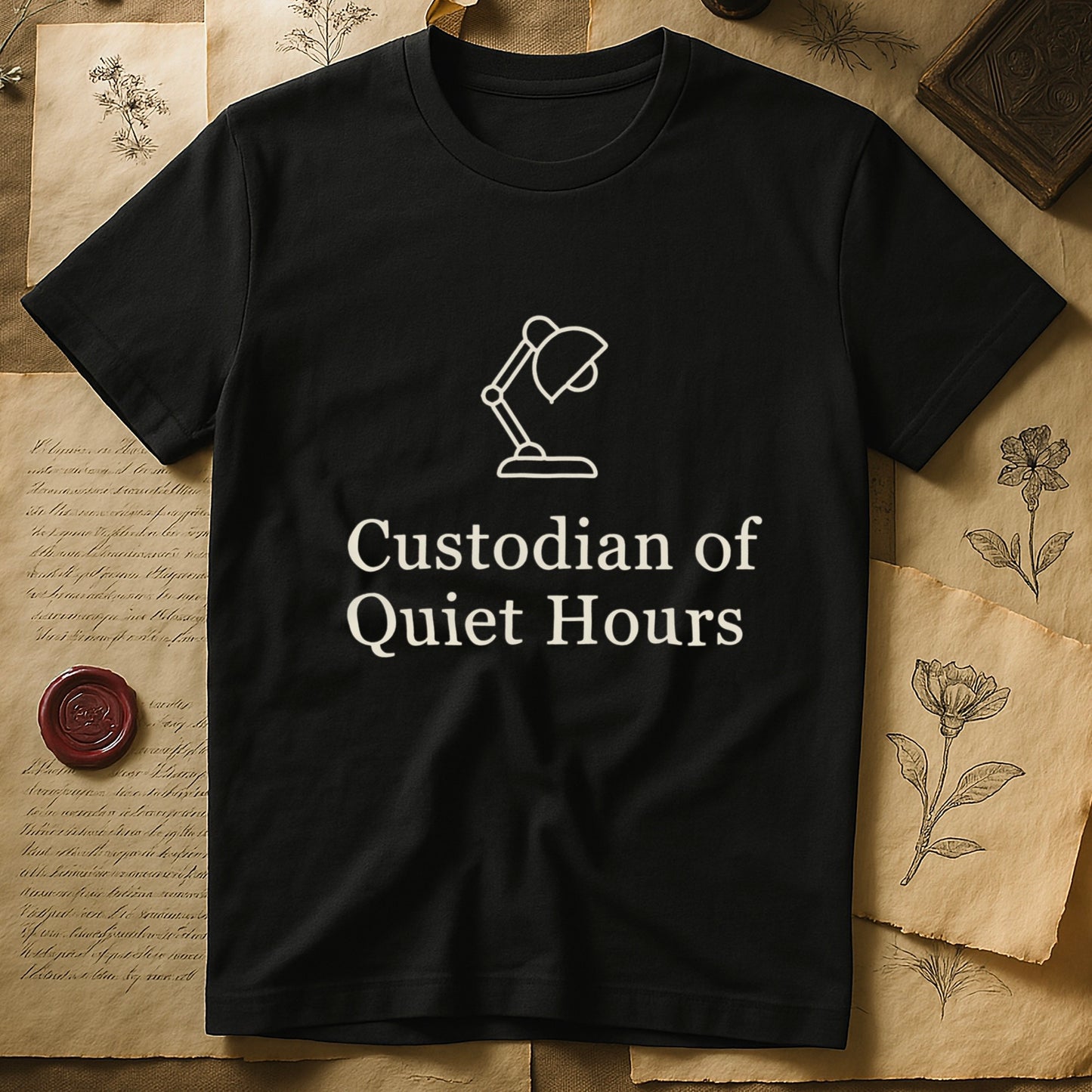 Black tee with vintage desk lamp in cream linework above "Custodian of Quiet Hours" in distressed Art Deco caps.
