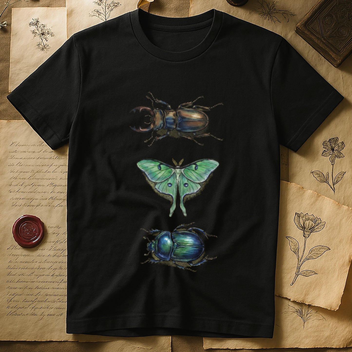 Black tee with three-panel Black-history plate: stag beetle, luna moth, scarab beetle in ink on yellow ground.