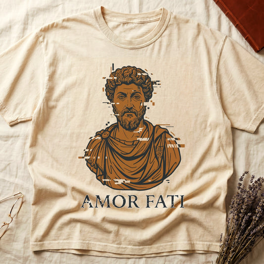 Ivory tee with bearded Stoic bust portrait in copper and slate, "AMOR FATI" in distressed serif capitals below.