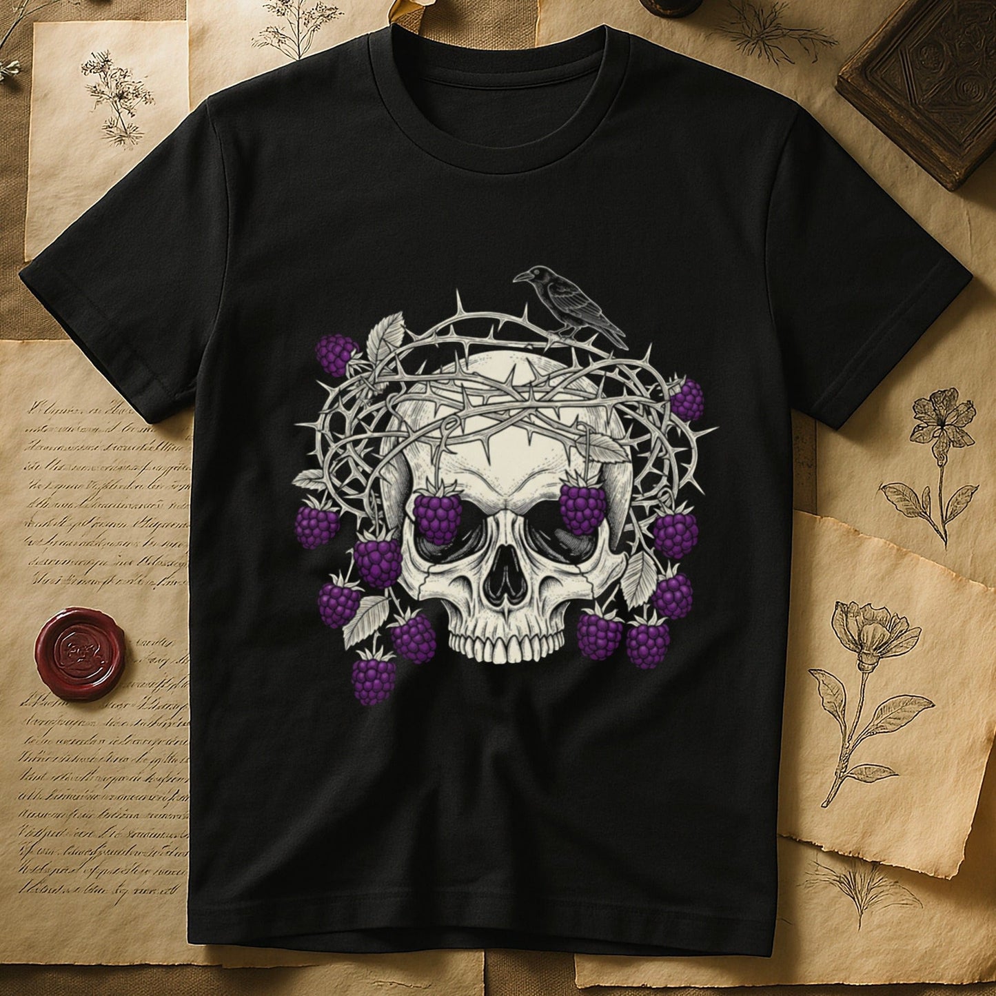 Skull with Thorn Crown and Berries Graphic T-Shirt product type