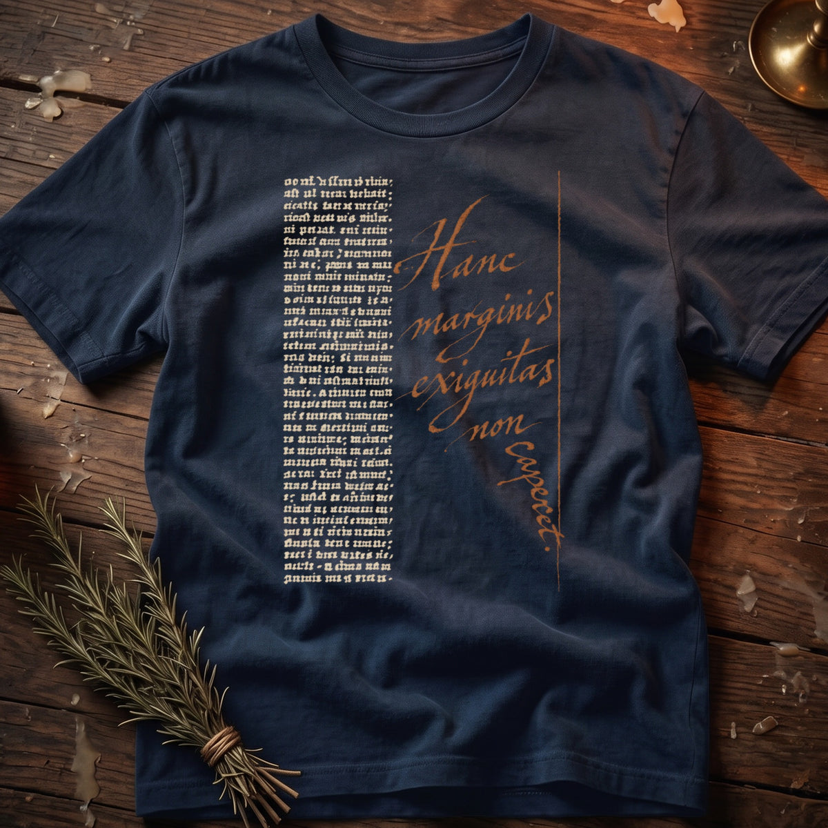 Navy t-shirt with Latin text "Hanc marginis exiguitas non caperet".