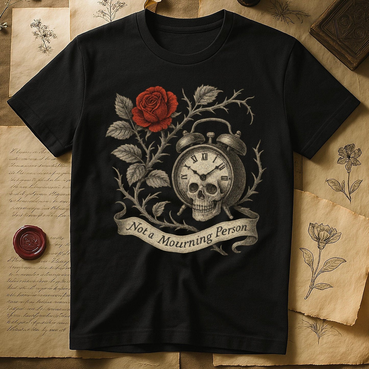 Not a Mourning Person Skull and Rose T-Shirt Product Type