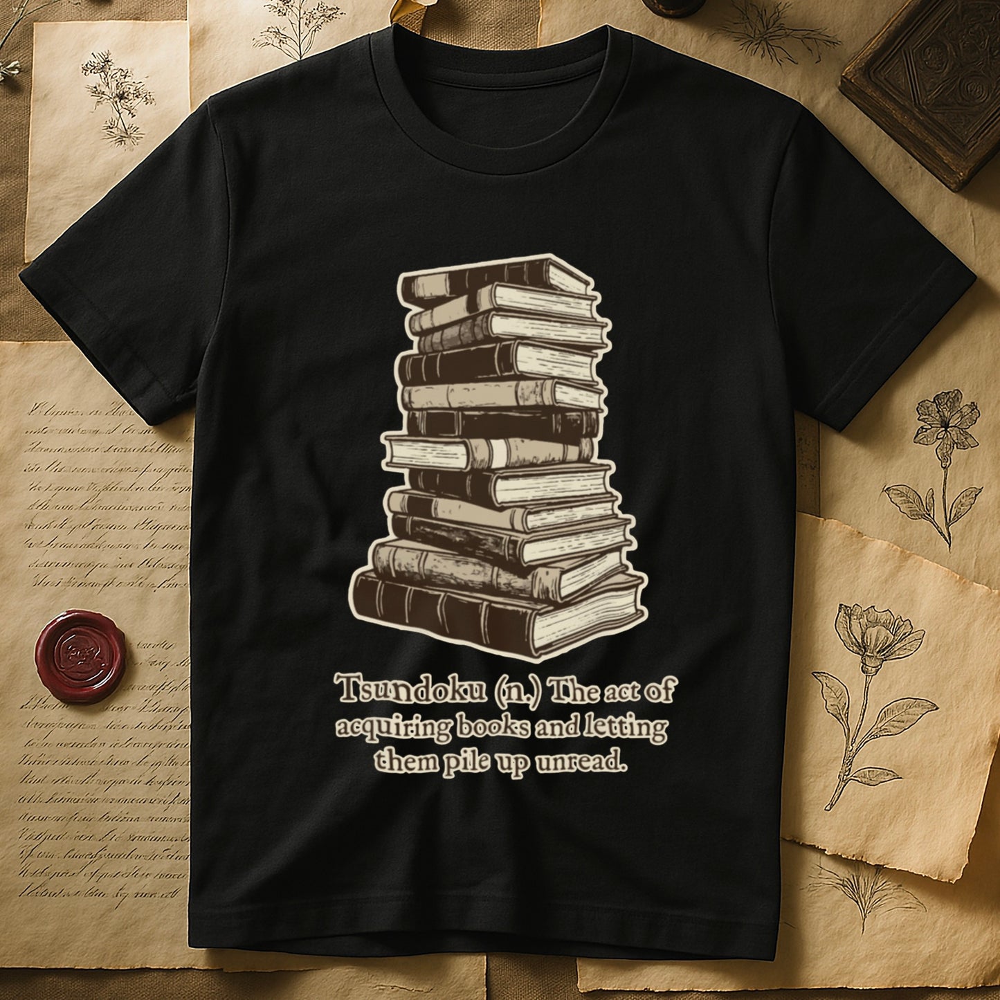 Black tee with stack of vintage hardcovers, "Tsundoku (n.) The act of acquiring books and letting them pile up unread."