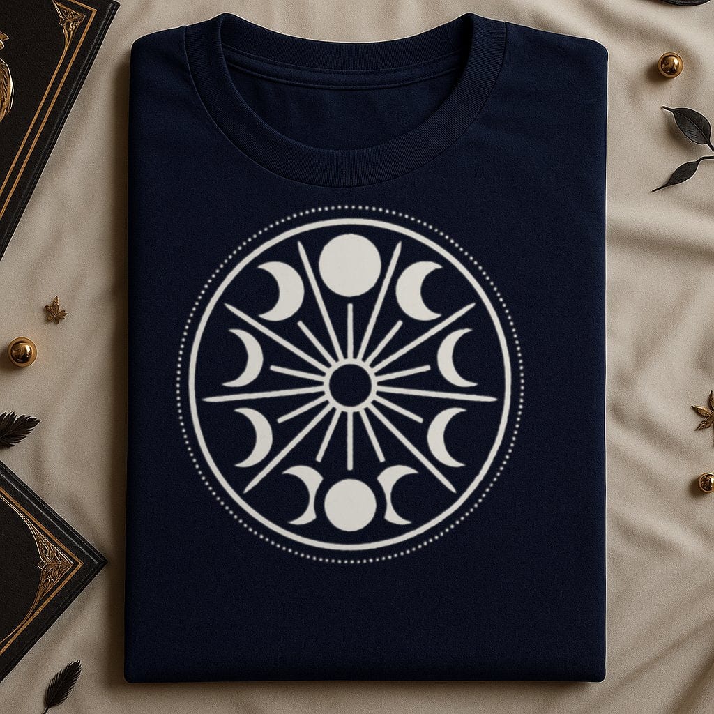 Mystical Moon Phase Graphics on Dark Blue Shirt product
