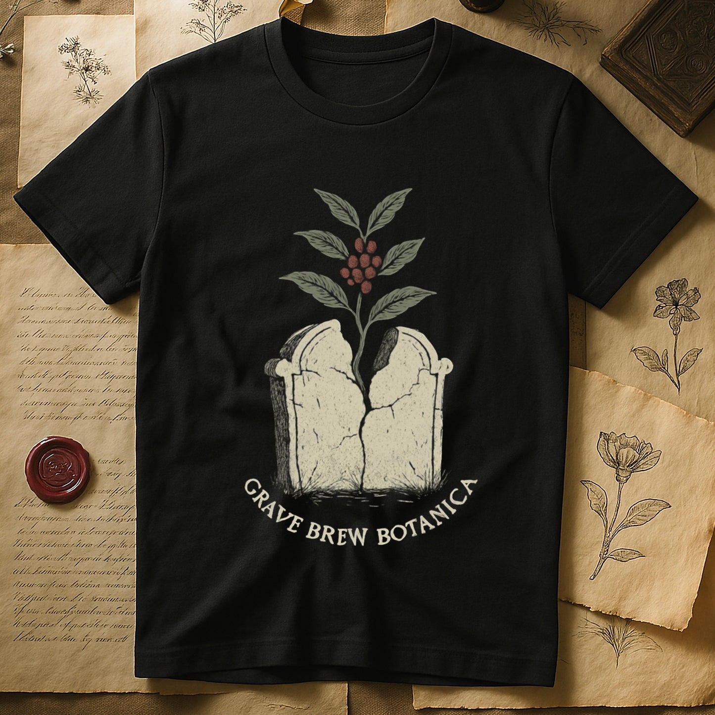 Black t-shirt with a cracked tombstone graphic, coffee plant, and "Grave Brew Botanica" text.