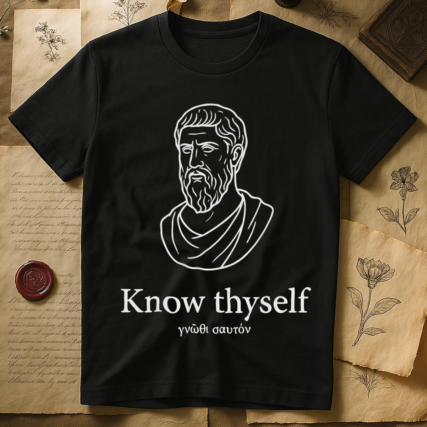 Black tee with classical Greek philosopher bust in white linework, "Know thyself" in cream serif below.