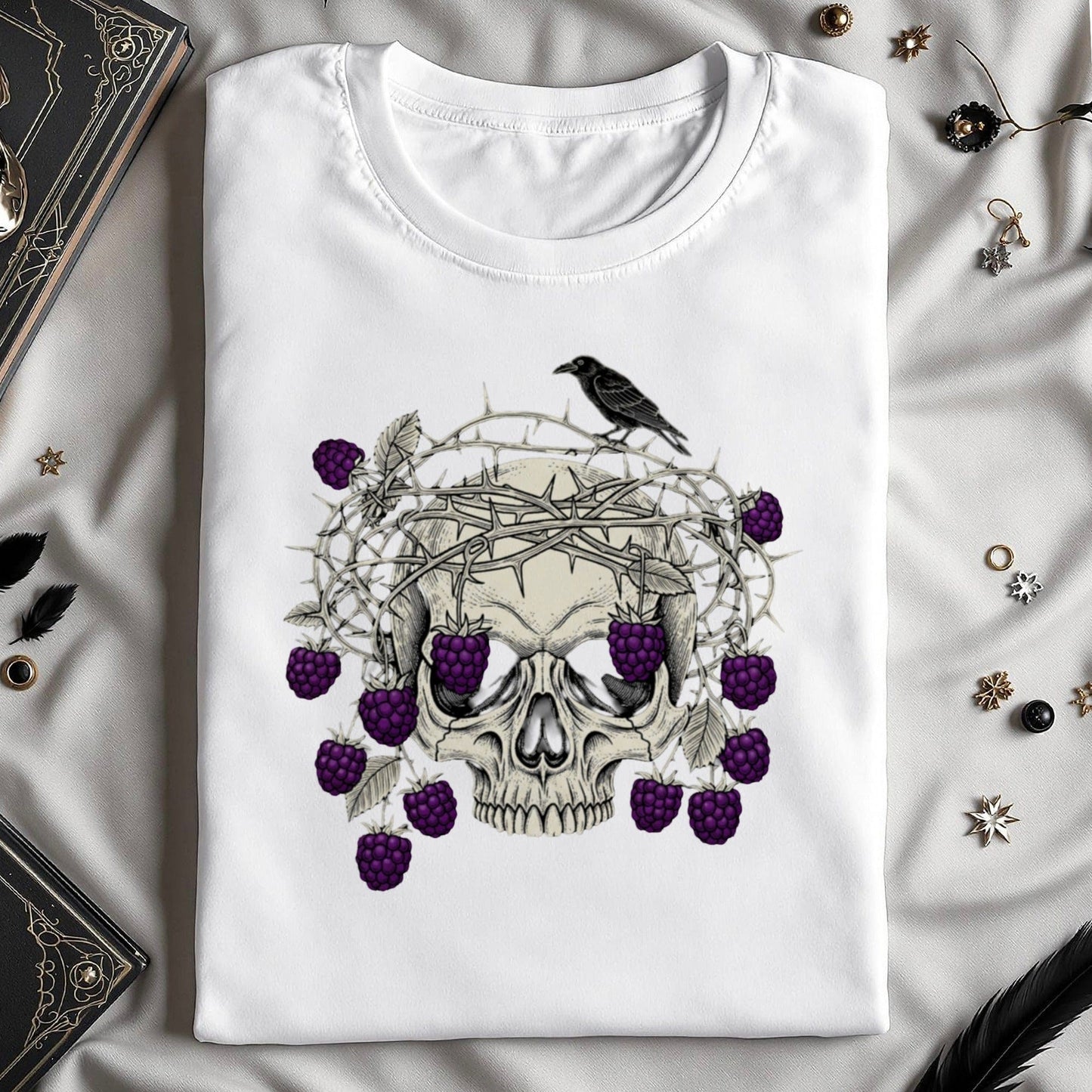 Skull with crow and berries graphic T-shirt product