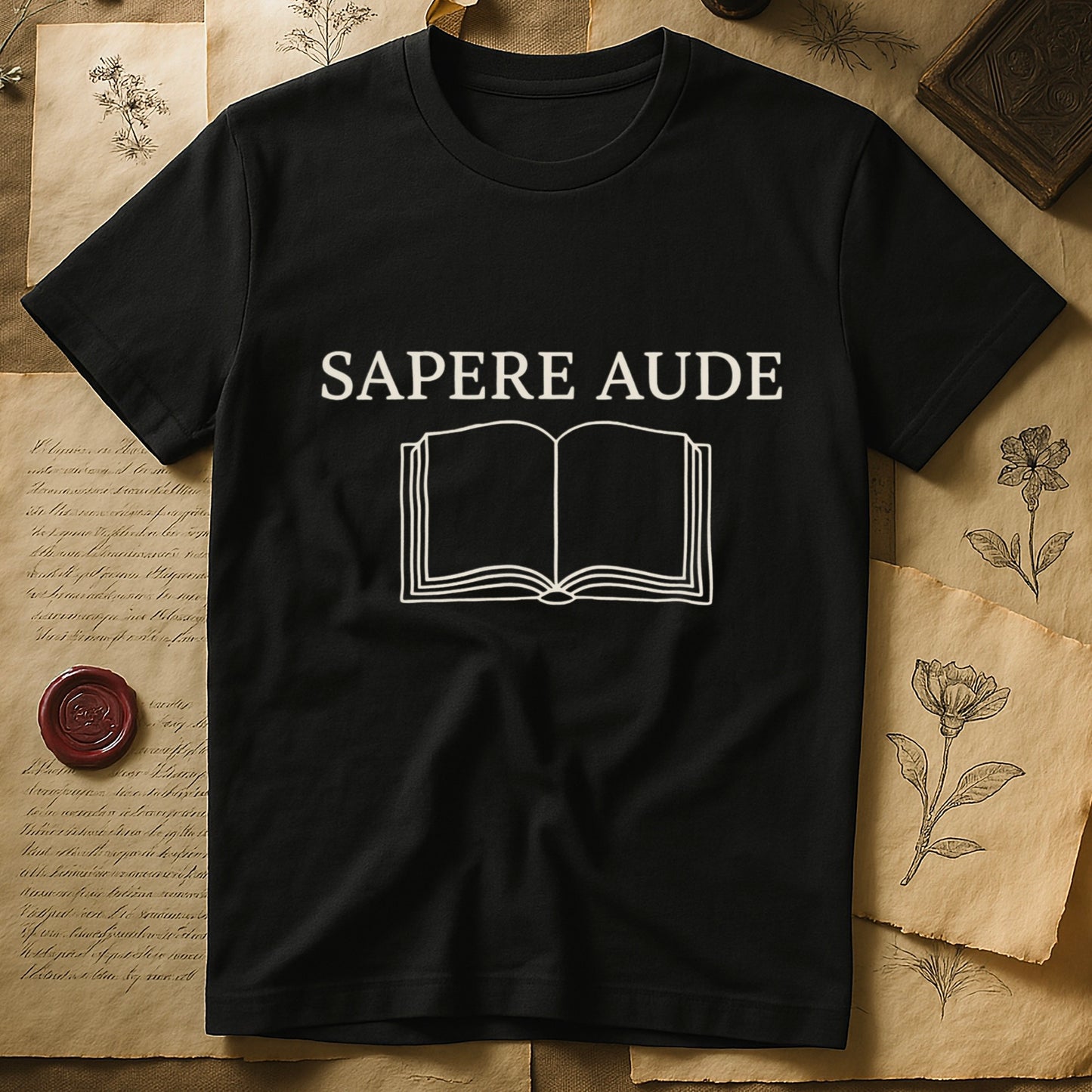 Black tee with "SAPERE AUDE" in serif capitals above a minimalist open book in cream linework.