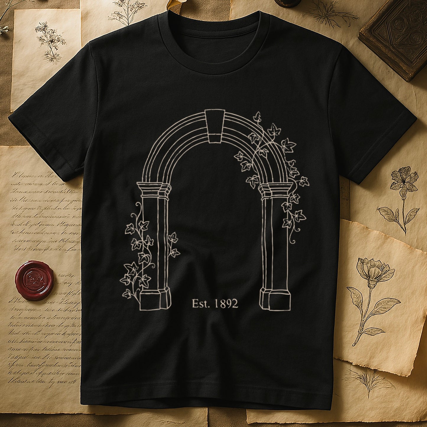Black tee with Gothic stone archway in cream linework, ivy climbing the columns, "Est. 1892" inscribed at the base.
