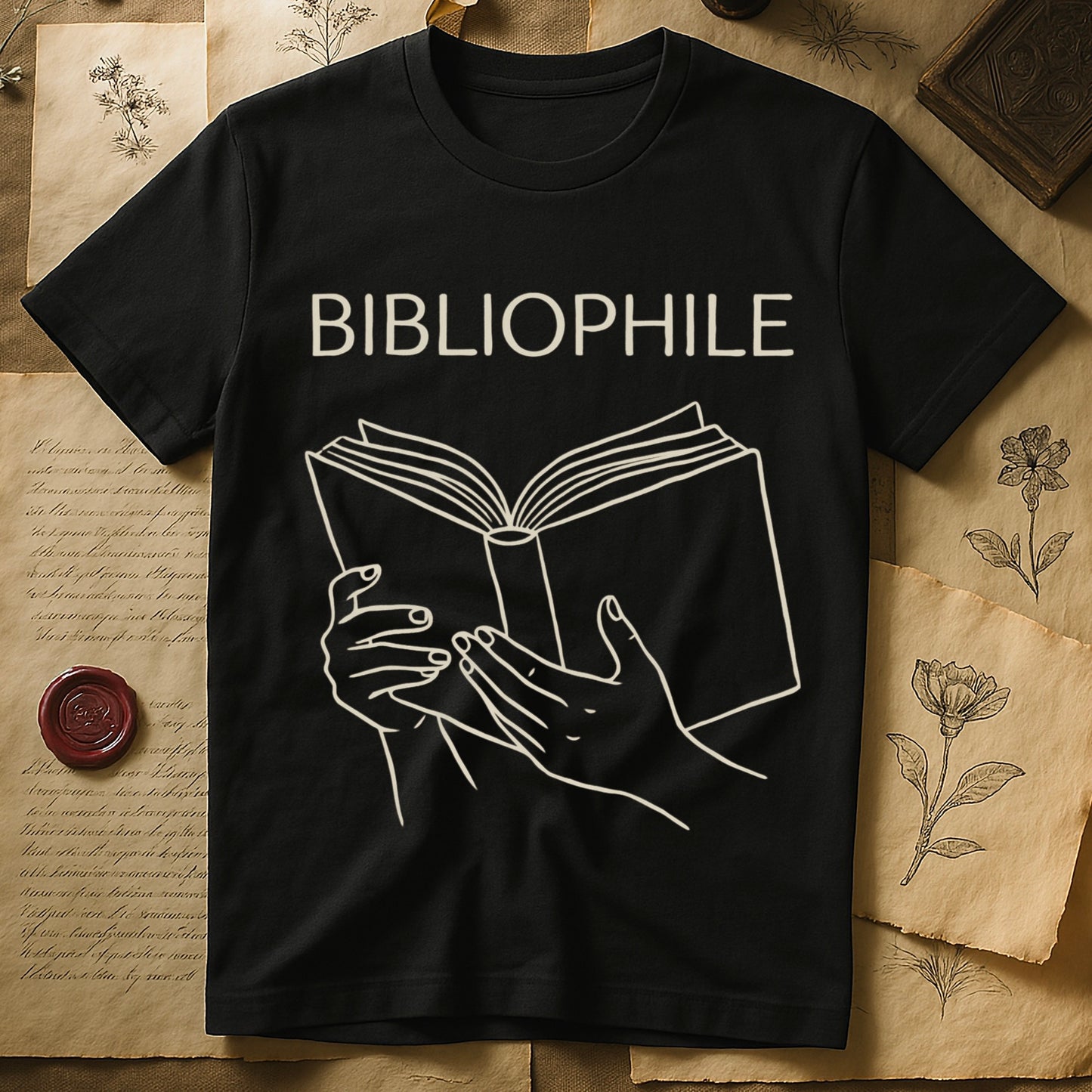 Black tee with two hands cradling an open book in cream and brown linework, "BIBLIOPHILE" in serif capitals above.