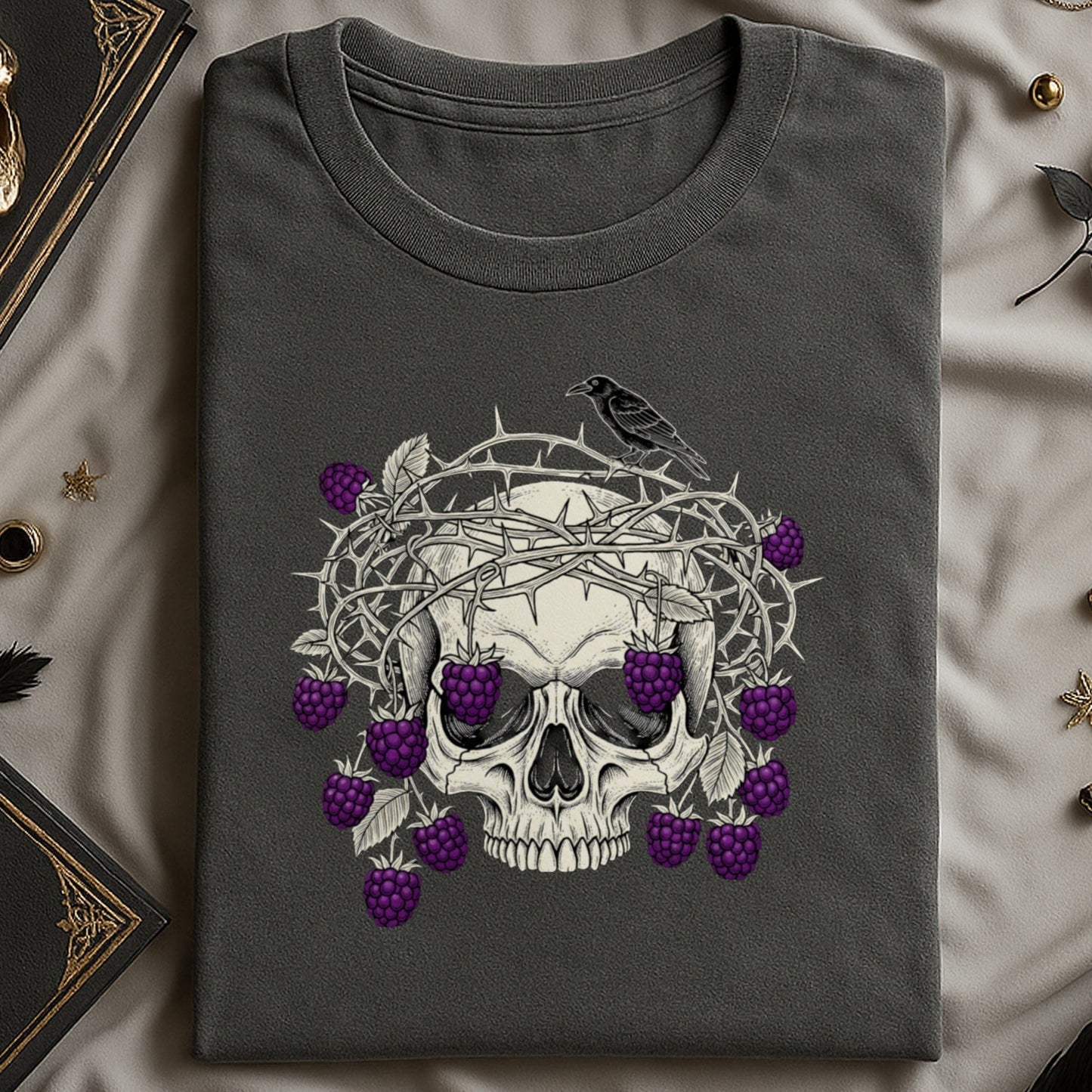 Gothic Skull with Thorn Crown and Berries T-shirt product