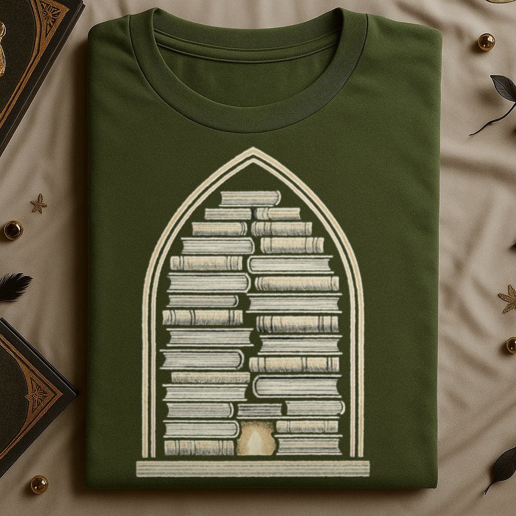 Enchanting bookshelf arch design on green shirt product type