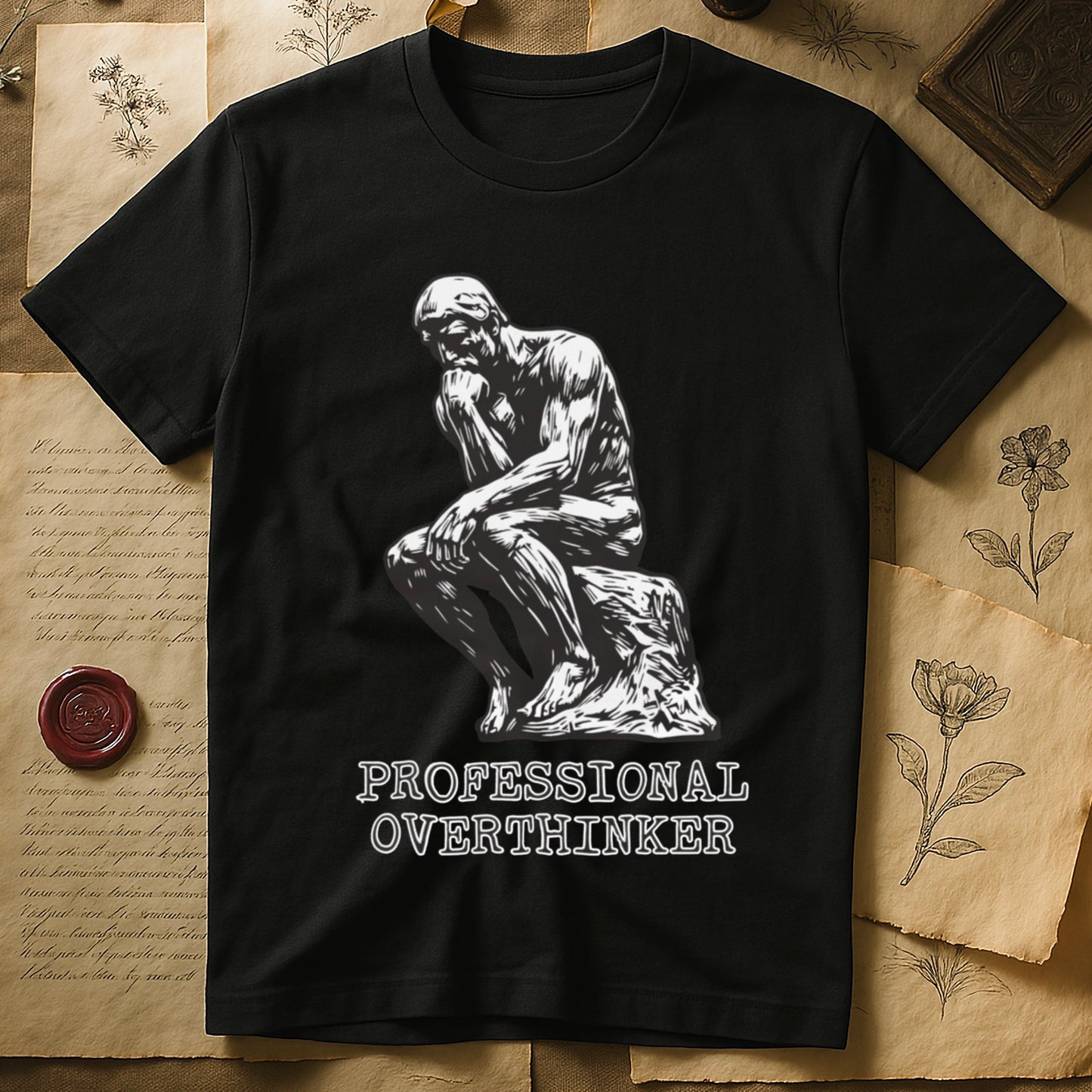 Black tee with monochrome rendering of Rodin's Thinker, "PROFESSIONAL OVERTHINKER" in serif capitals below.