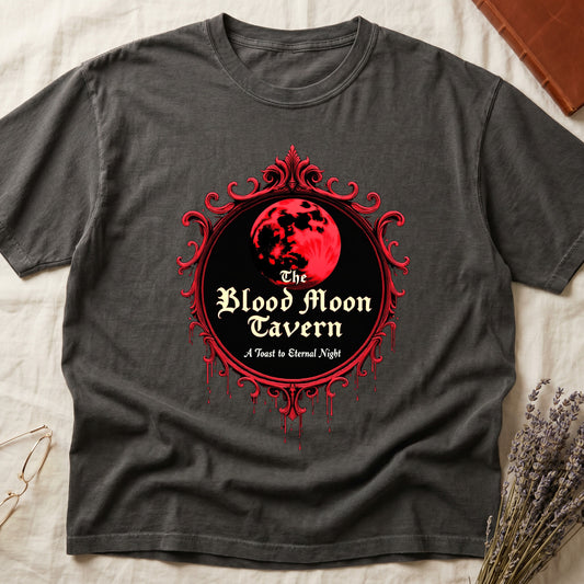 Pepper tee with red oval frame, blood-red moon, "The Blood Moon Tavern," "A Toast to Eternal Night," red drips below.