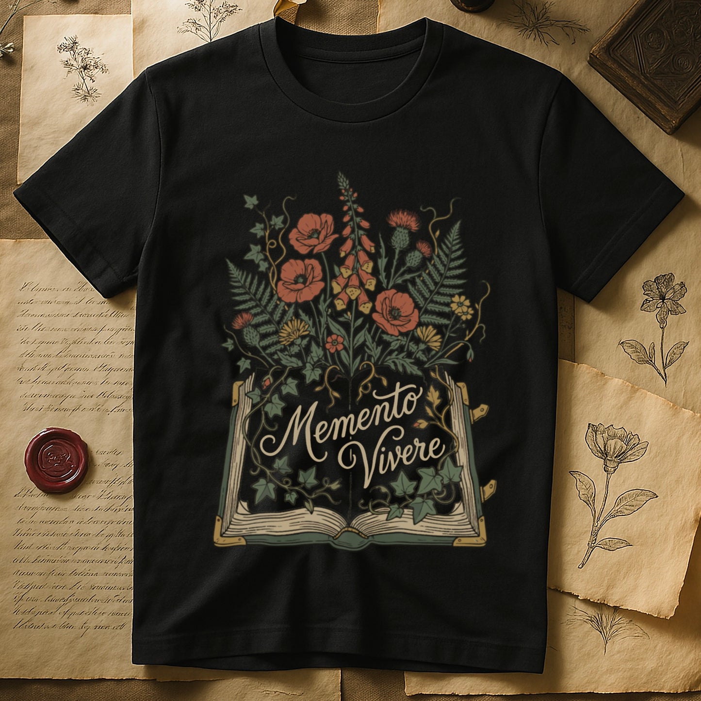 Black tee with open book and botanical illustration, red poppies, golden foxglove, ferns and ivy spilling from the pages.