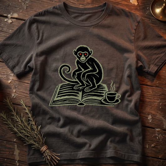 Dark t-shirt with a graphic of a monkey sitting on an open book with a cup of coffee.