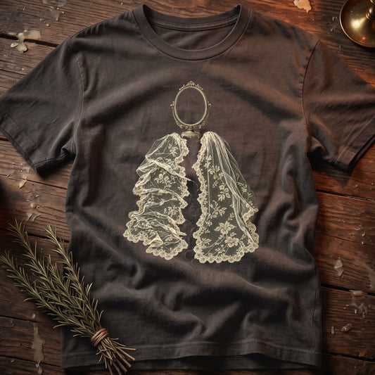 Dark grey t-shirt with vintage oval mirror and lace veil graphic.