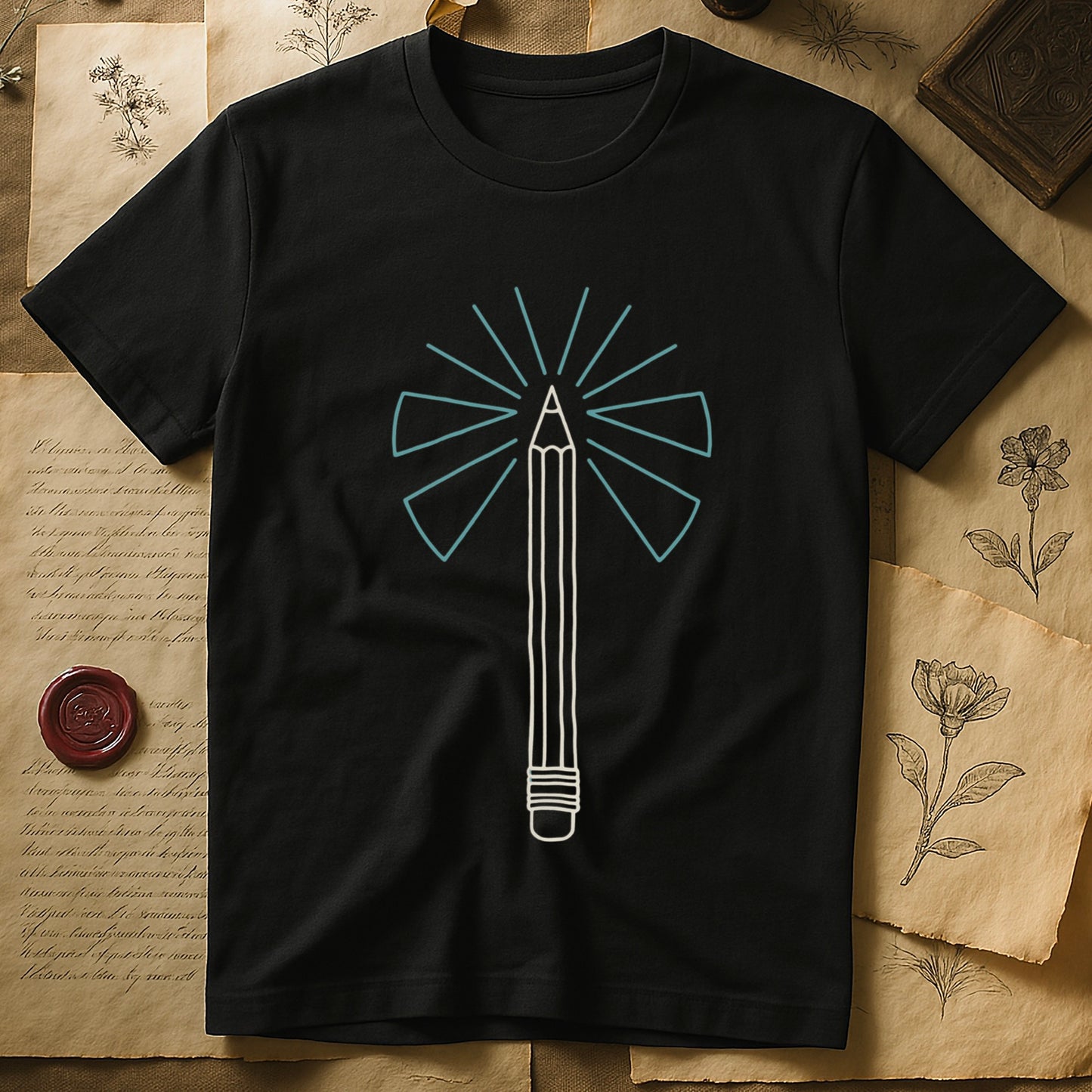 Black tee with single vertical graphite pencil in cream linework, fan of teal and grey rays radiating behind.