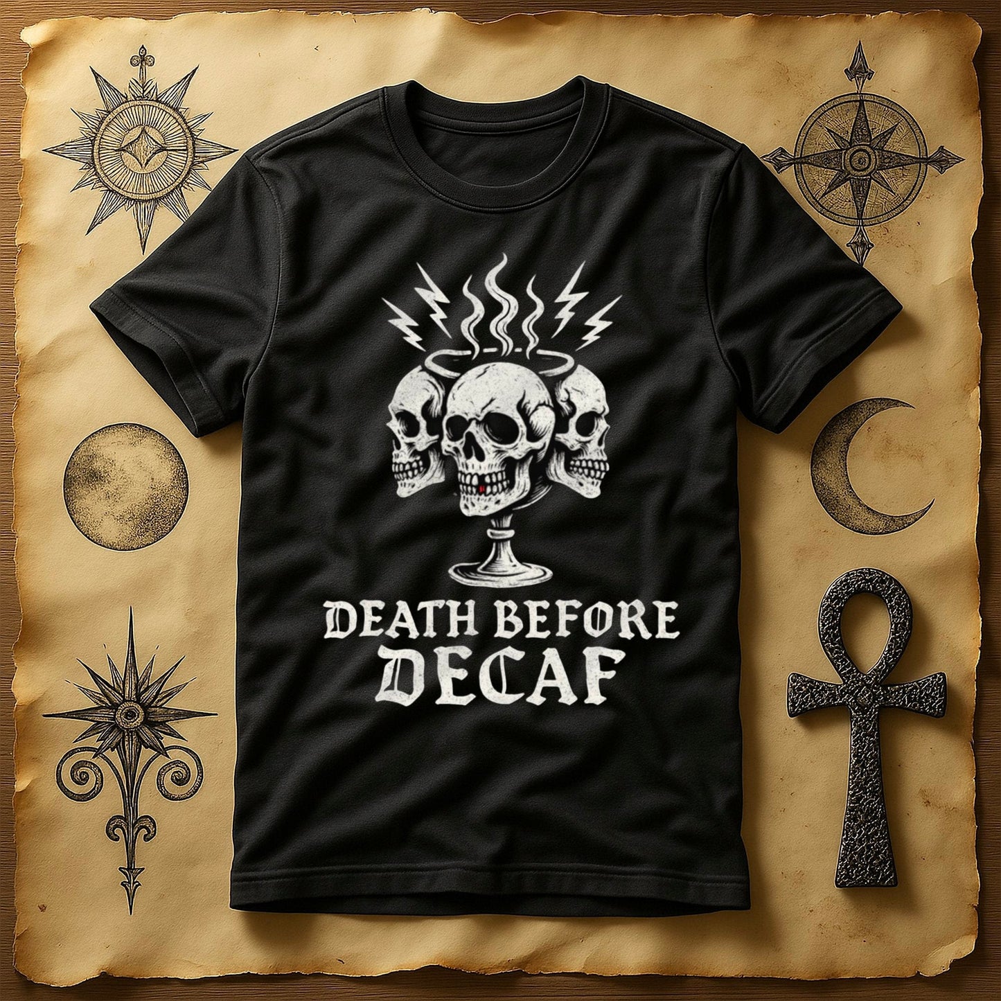 Death Before Decaf Skull T-Shirt Graphic Product
