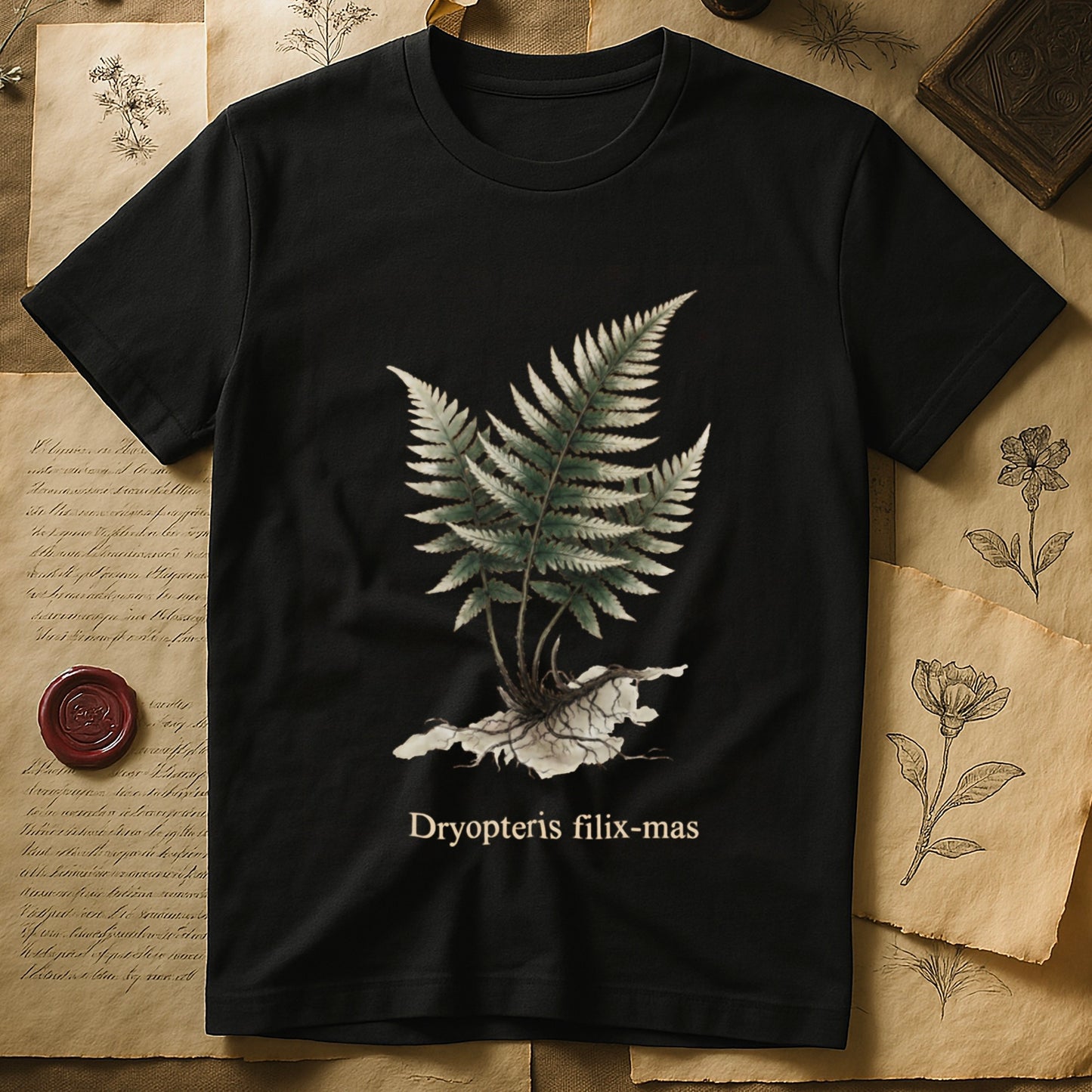Black tee with Victorian fern illustration of Dryopteris filix-mas in greens with exposed root, italic Latin binomial below.