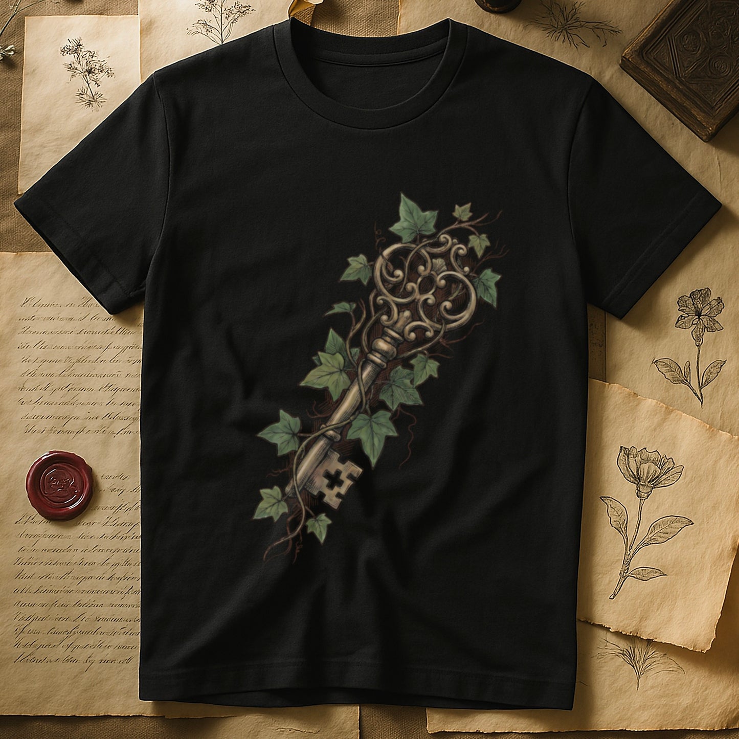 Black tee with ornate antique skeleton key in bronze, climbing English ivy in green on terracotta ground.