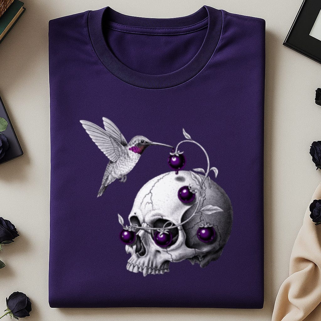 Hummingbird and Skull with Vines on Purple Shirt product type