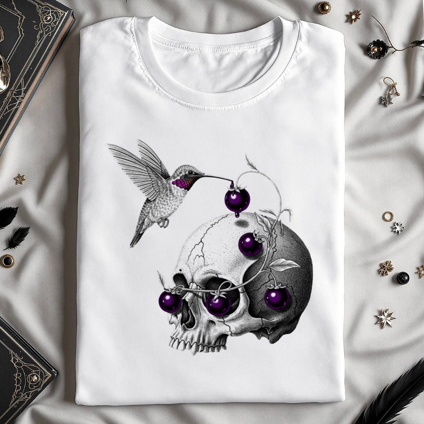 Skull Illustration with Hummingbird Graphic T-Shirt product