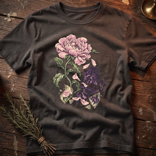 Dark grey t-shirt with a pink peony and wilting purple flowers graphic.