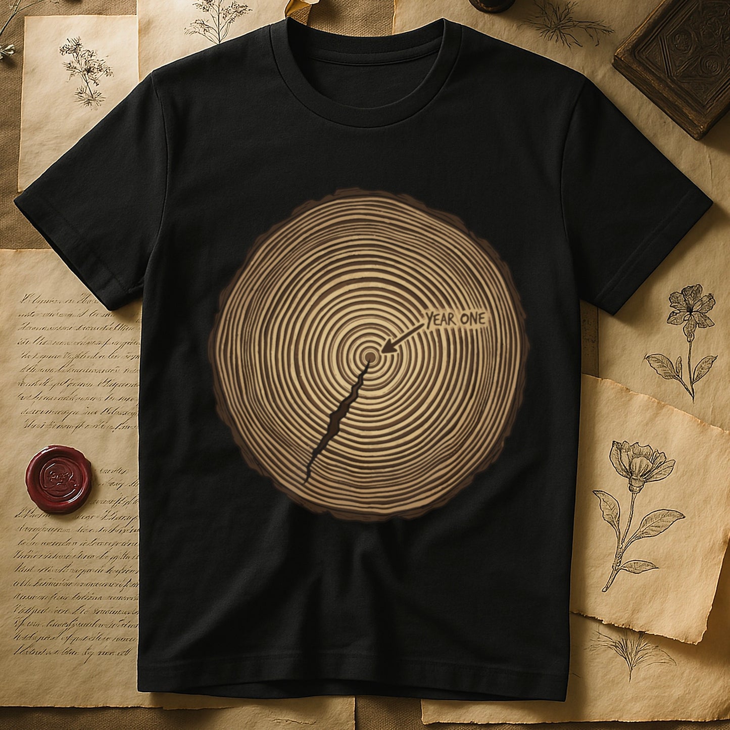 Black tee with cross-section of tree rings in warm brown, arrow pointing to center labeled "YEAR ONE" in serif type.