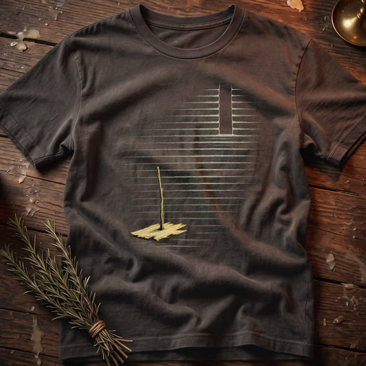 Dark grey t-shirt with a graphic of a wooden raft and a single pole on horizontal lines.