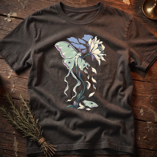 Dark grey t-shirt with a pastel luna moth and flower graphic.