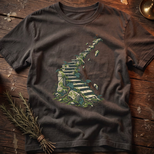 T-shirt with an illustration of overgrown, mossy stone stairs leading upward.