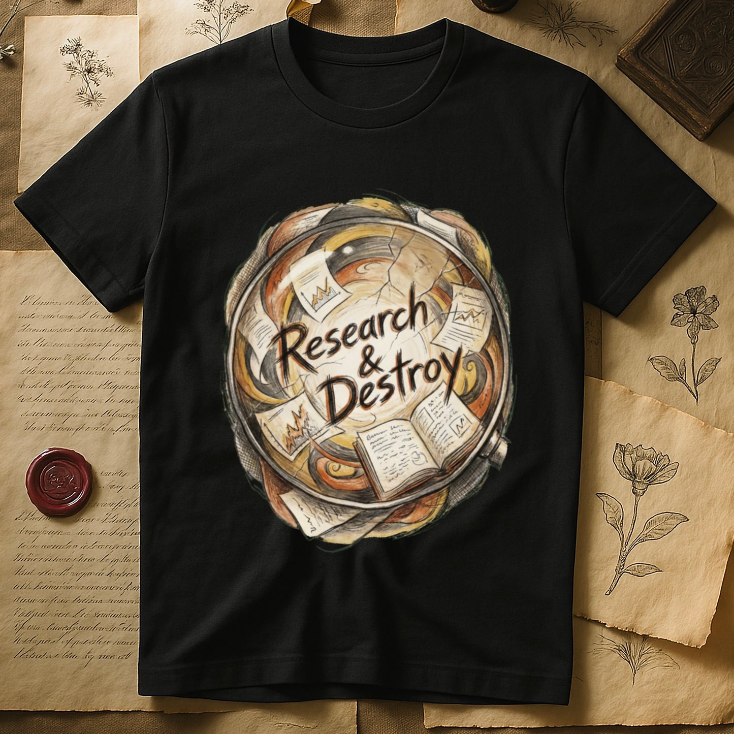 Black tee with globe of papers, open books, charts in colored ink, "Research & Destroy" in cursive at center.