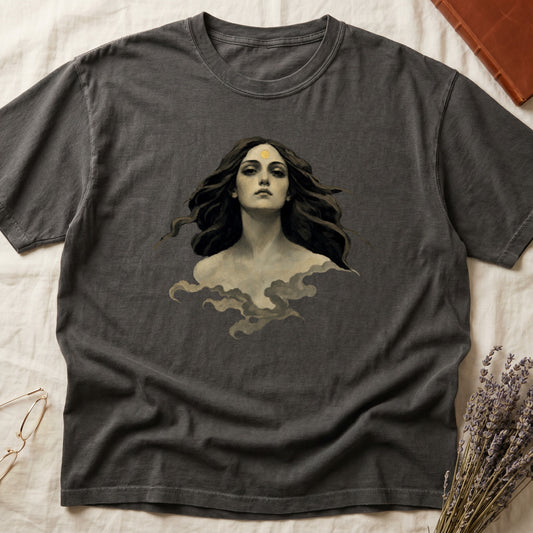 Dark grey t-shirt with a painting of a woman with flowing hair and a sun on her forehead.