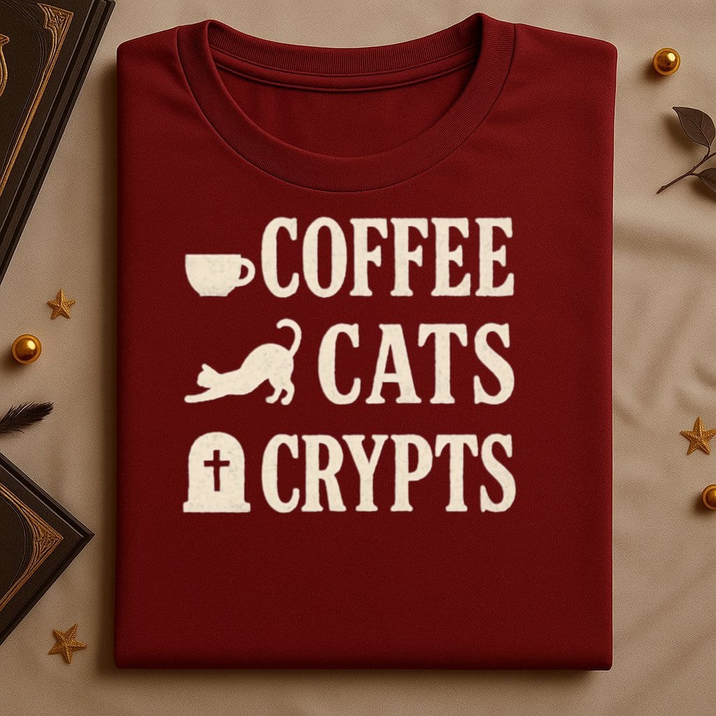Coffee Cats Crypts Fun Graphic Tee Shirt product type