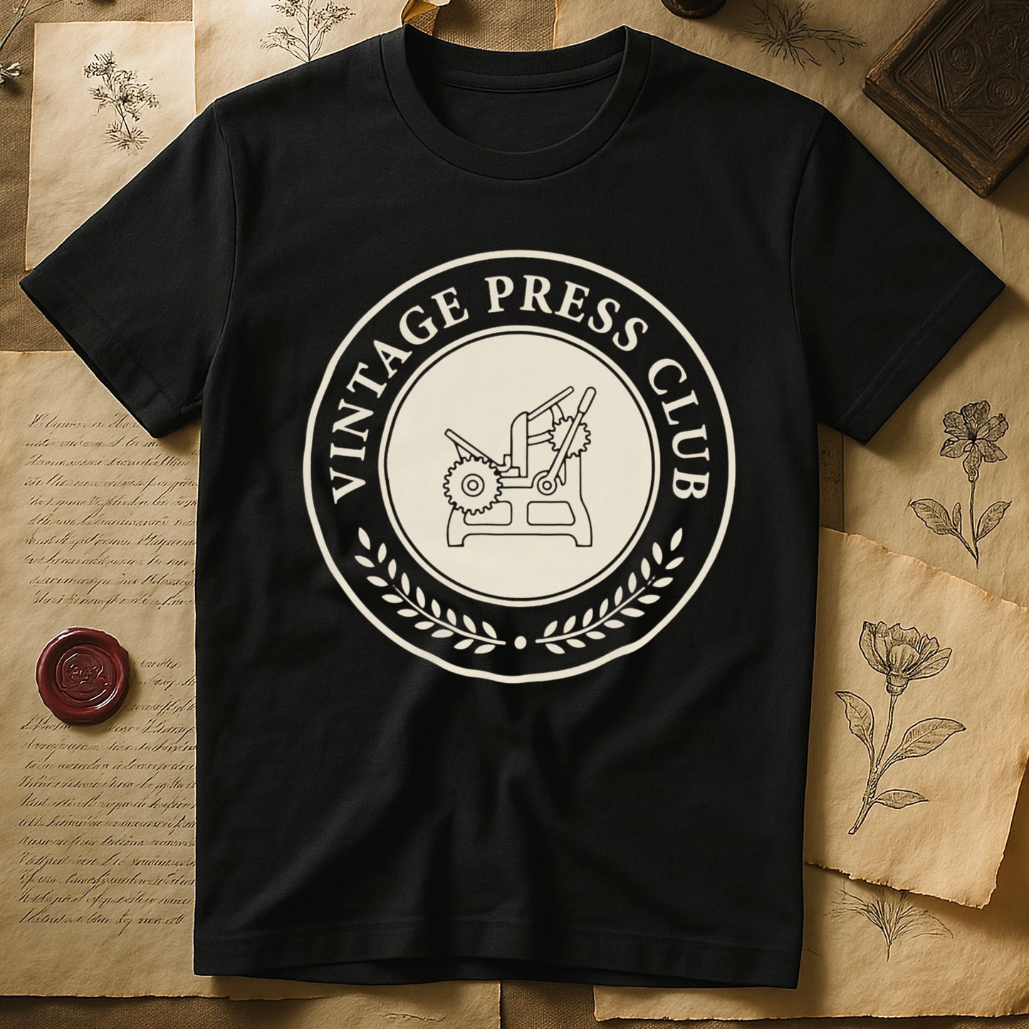 Black tee with circular letterpress badge, "VINTAGE PRESS CLUB" in serif capitals, antique printing press in cream linework.
