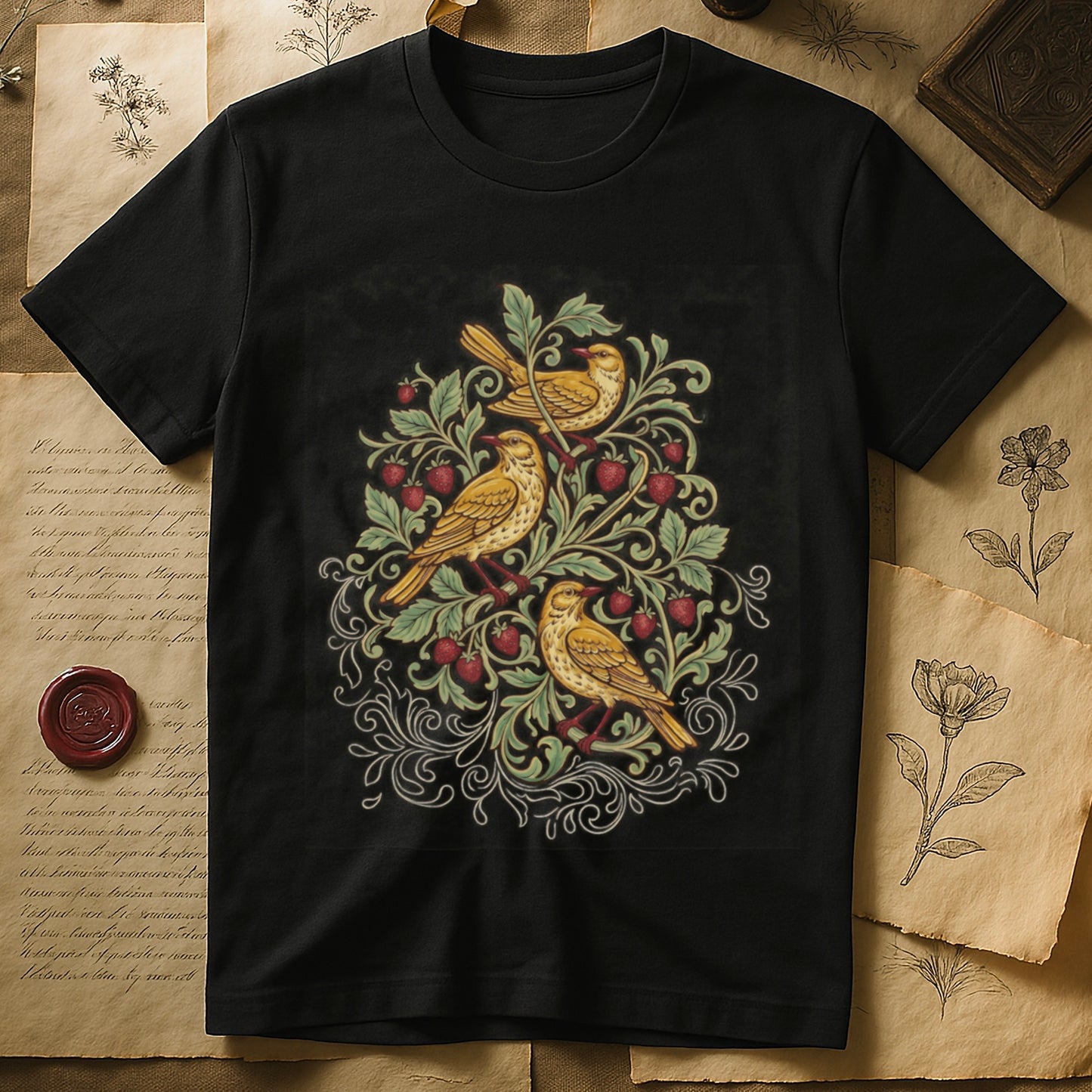 Black tee with three yellow songbirds perched among strawberry vines and green leaves, William Morris pattern style.