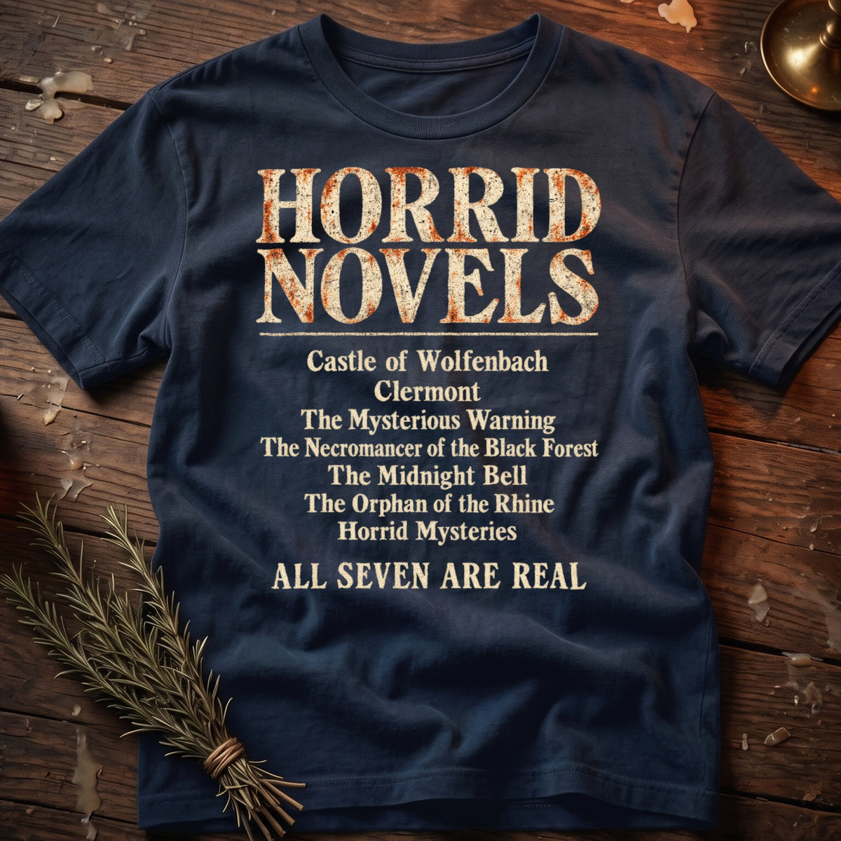 Dark blue t-shirt with "Horrid Novels" and a list of titles.