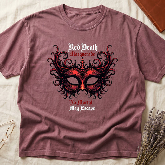 Dark Rose tee with ornate red masquerade mask, flame scrollwork, "Red Death Masquerade" top, "No Mortal May Escape" below.