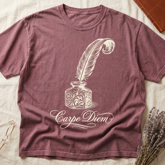 Dark Rose tee with ornate antique inkwell and quill pen in sepia linework, "Carpe Diem" in flowing cursive below.