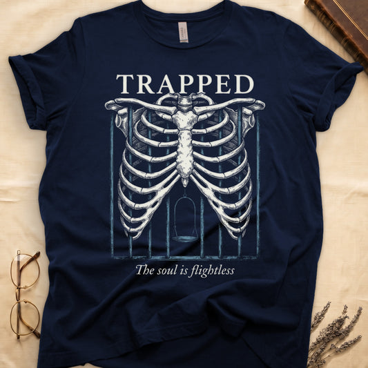 Navy tee with anatomical ribcage on prison bars, bird swing inside, "TRAPPED" top, "The soul is flightless" italic below.