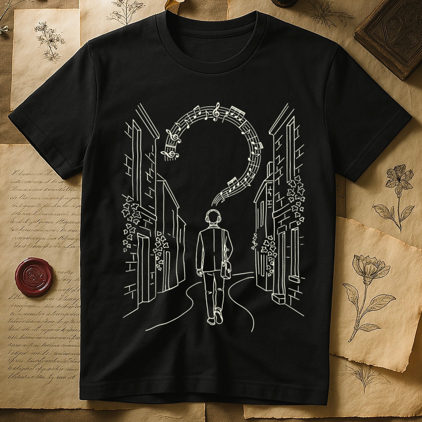 Black tee with cream linework of a Victorian campus building with climbing ivy across the facade.