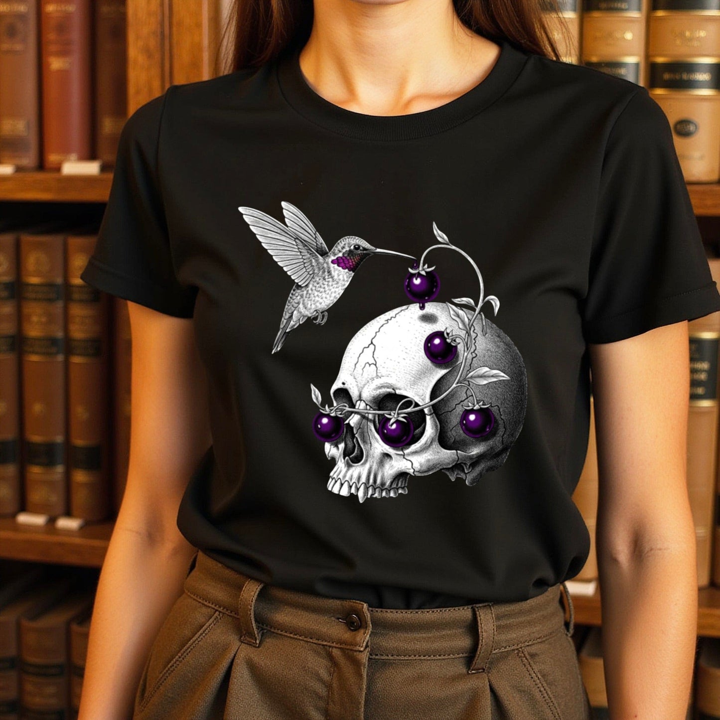 Hummingbird Skull Design Black T-shirt product type