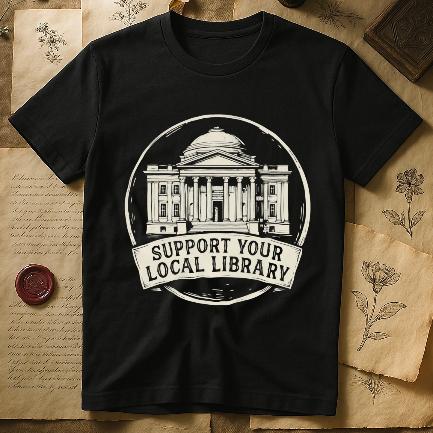 Black tee with circular cream badge of a classical library building, "SUPPORT YOUR LOCAL LIBRARY" on a banner below.