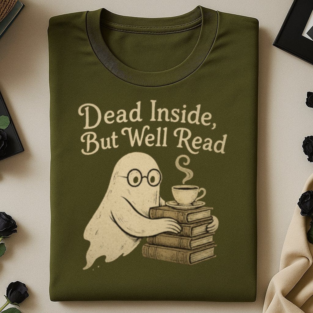 Dead Inside But Well Read ghost on olive shirt product