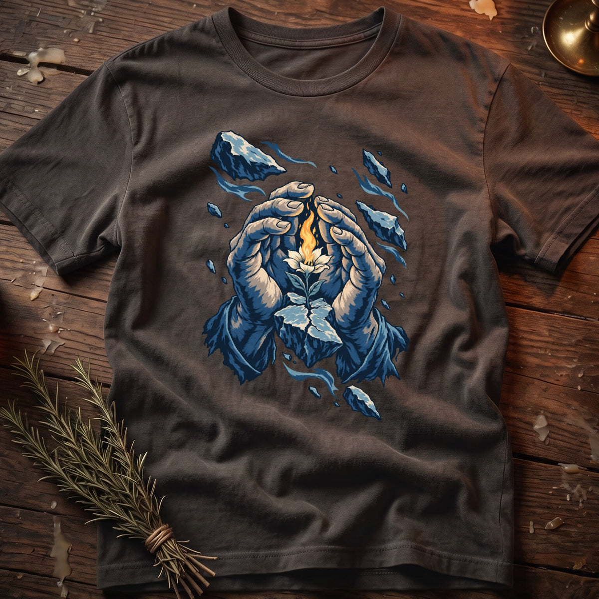 Dark grey t-shirt with illustration of hands holding a flower over ice shards.