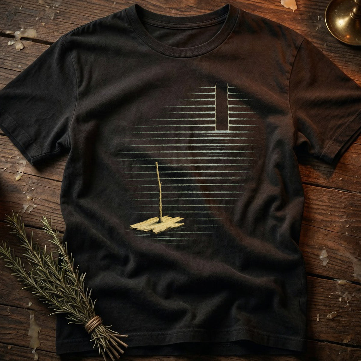 Black t-shirt with graphic of a raft with a pole and horizontal lines.