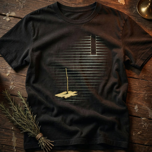Black t-shirt with graphic of a raft with a pole and horizontal lines.