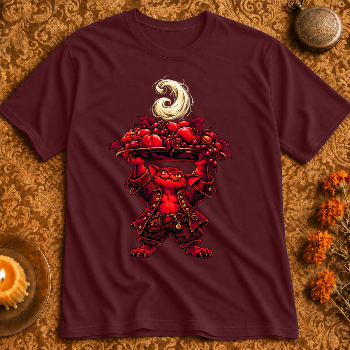 T-shirt graphic of a red, furry creature wearing a jacket and pants, holding a tray of fruit.